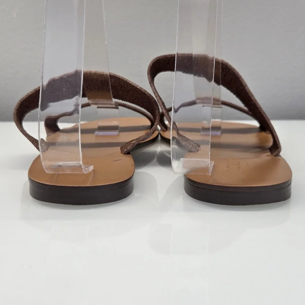 J Crew Slip On Slide Flat Sandals Women 9 Brown Double Strap Minimalist‎ Coastal